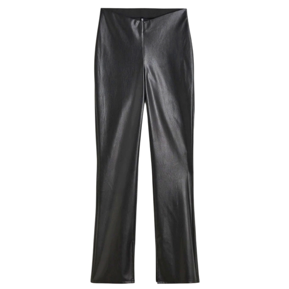 H&M Faux‎ Leather Black Flare Slim Leg High Waist Pants Split Hem Slit Sexy 8 - Picture 1 of 13